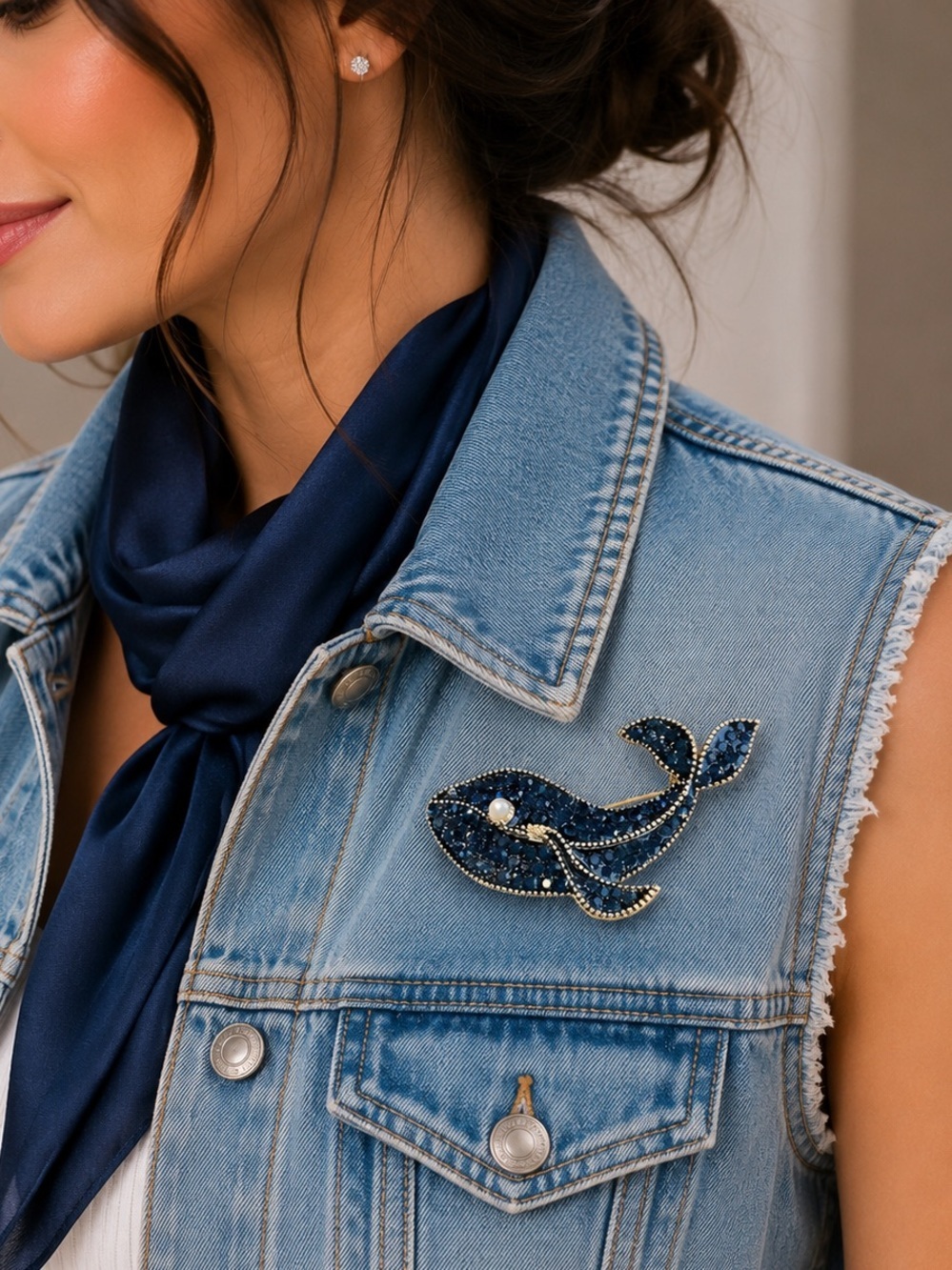 Gold Navy Whale Brooch Pin